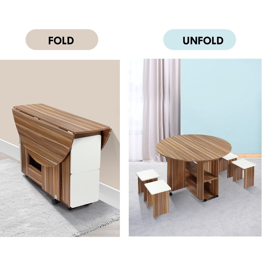 Wooden Folding Dining Table and 4 Chairs Set Round Table with Wheels