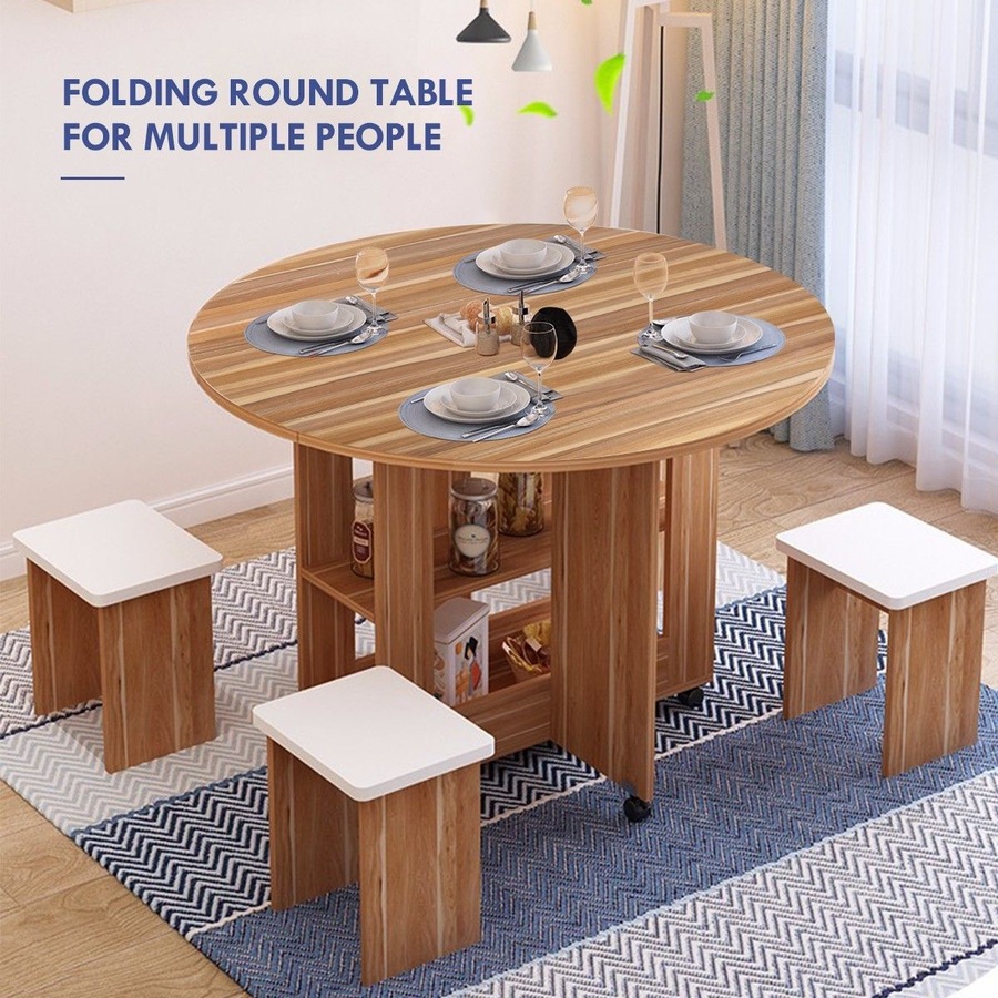 Wooden Folding Dining Table and 4 Chairs Set Round Table with Wheels