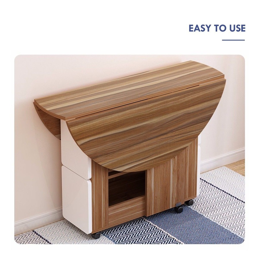 Wooden Folding Dining Table and 4 Chairs Set Round Table with Wheels