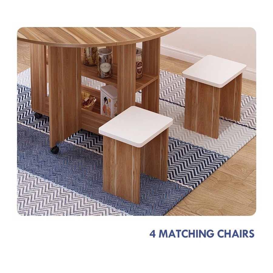 Wooden Folding Dining Table and 4 Chairs Set Round Table with Wheels