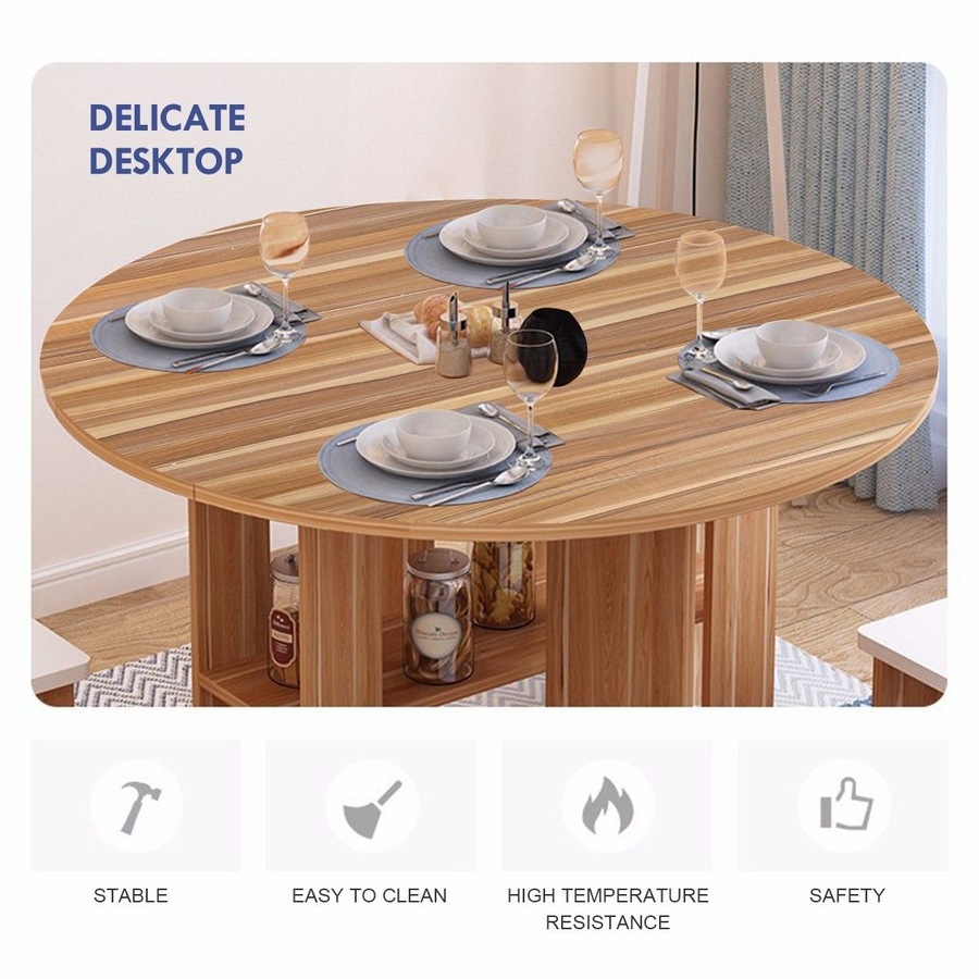 Wooden Folding Dining Table and 4 Chairs Set Round Table with Wheels