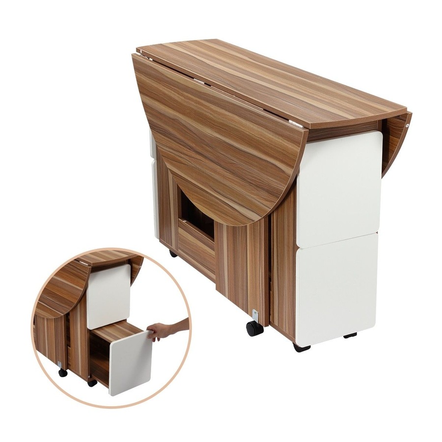 Wooden Folding Dining Table and 4 Chairs Set Round Table with Wheels