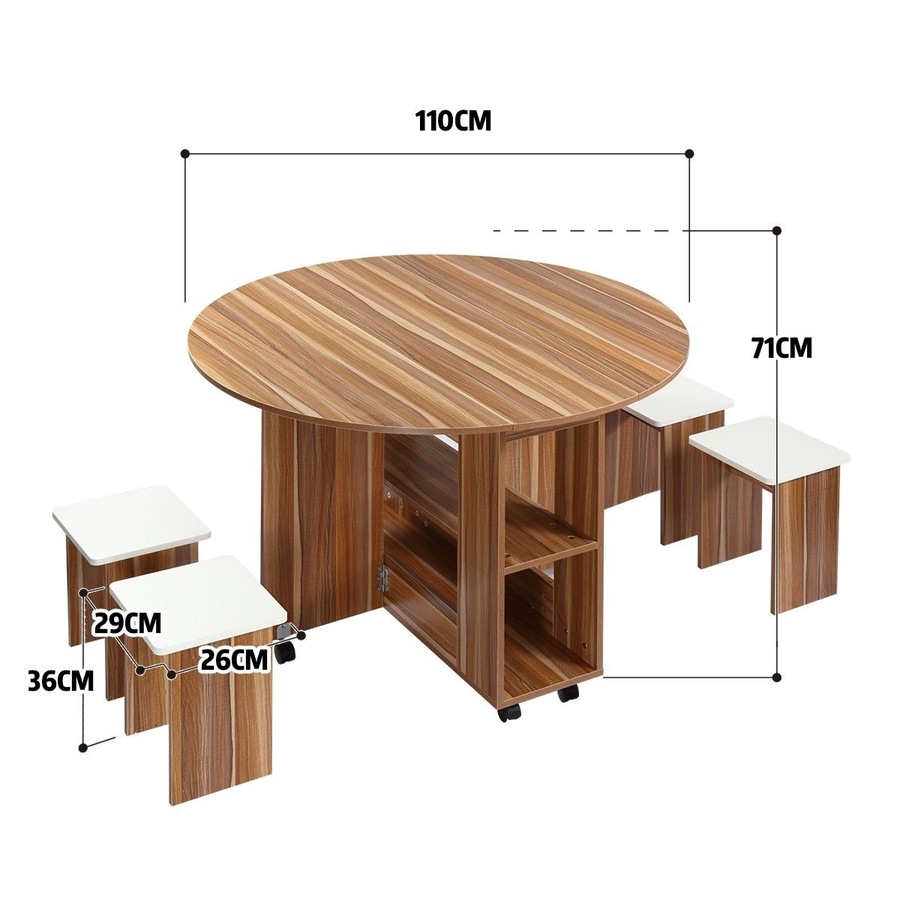Wooden Folding Dining Table and 4 Chairs Set Round Table with Wheels