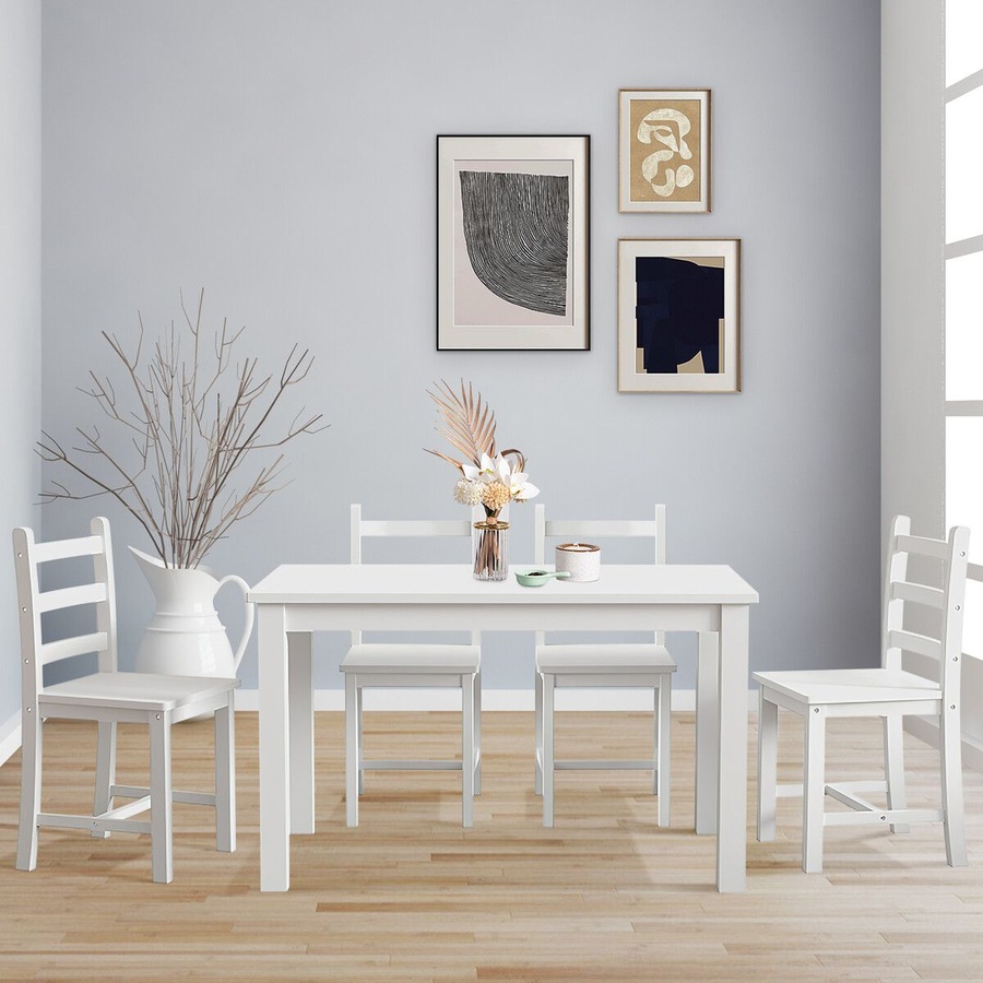 Wooden Table Set Chairs 5 Piece Dining Kitchen Pine Wood Furniture Rectangular White Modern Office Work