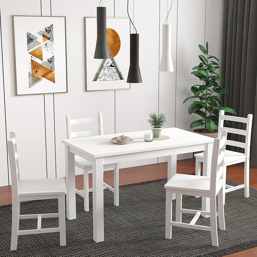 Wooden Table Set Chairs 5 Piece Dining Kitchen Pine Wood Furniture Rectangular White Modern Office Work