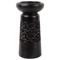 Willow & Silk Vintage 23.5cm Black Wooden Carved Pillar Candle Holder/Home Decor
