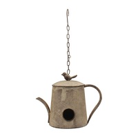 Willow & Silk Antique Metal 42cm Hanging Brown Watering Can Garden Bird House