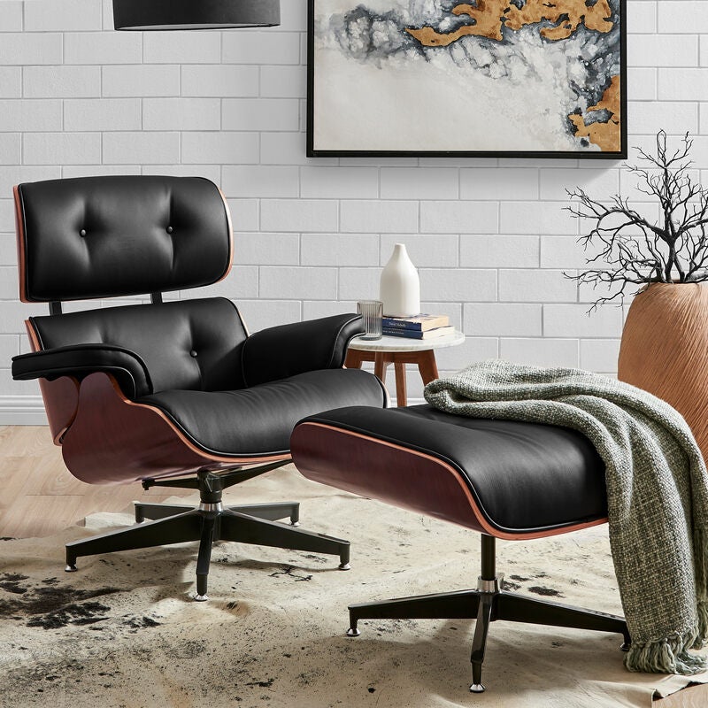 DukeLiving Eames Replica Premium Leather Lounge Chair & Ottoman (Black)