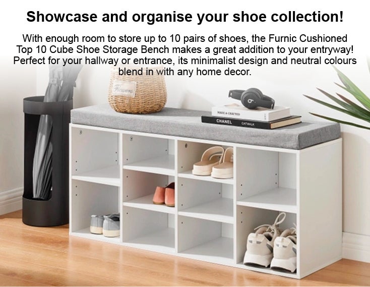 Buy Furnic Cushioned Top 10 Cube Shoe Storage Bench (White & Grey) - MyDeal