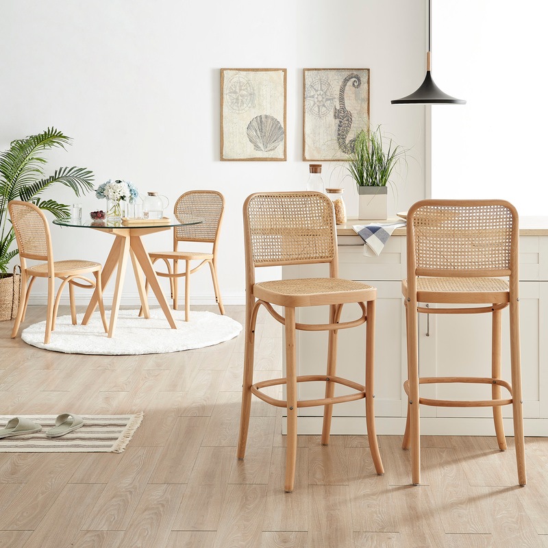 Buy DukeLiving 72cm High Back Harlo Beech Wood & Rattan Bar Stool (Natural) MyDeal