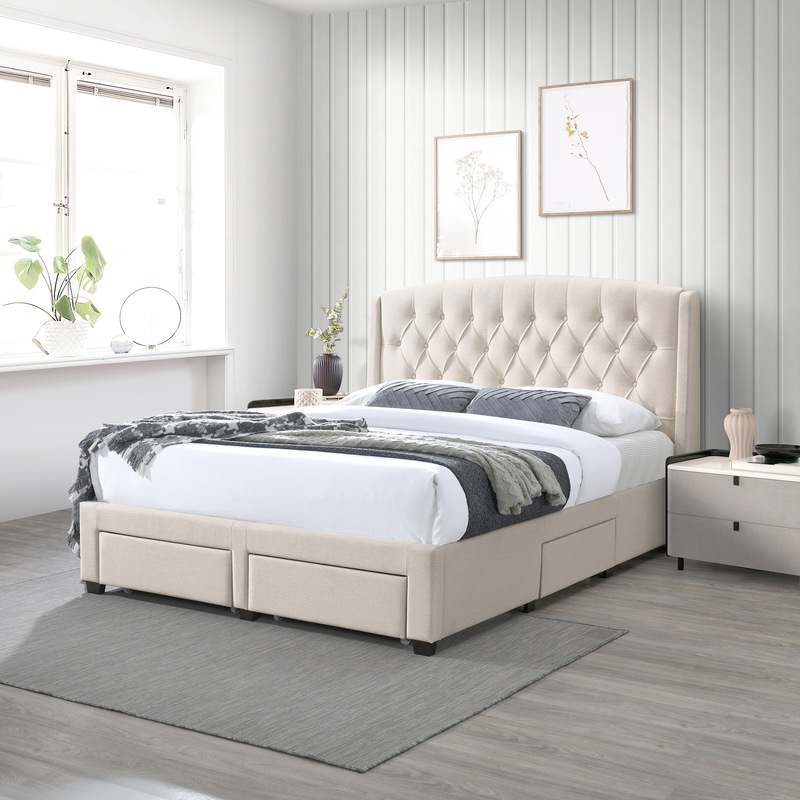 DukeLiving Adele Tufted Wingback Storage Bed With Drawers Beige (Double ...