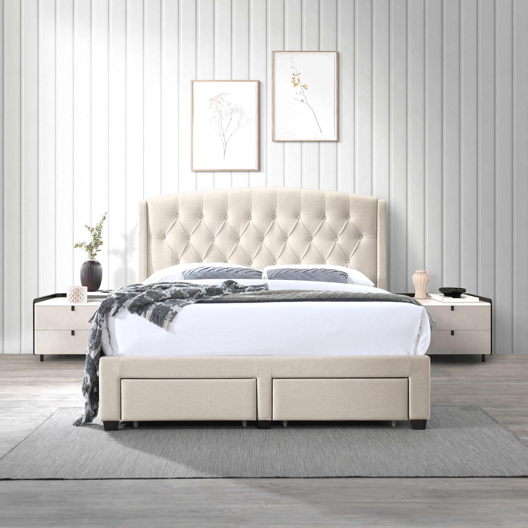 Tufted queen online bed with storage