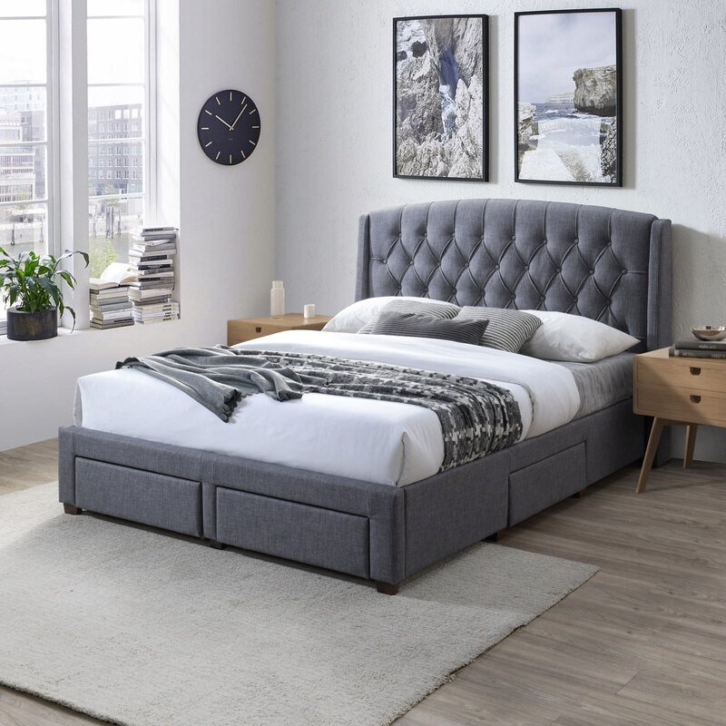 Buy DukeLiving Adele Tufted Wingback Storage Bed With Drawers Grey ...