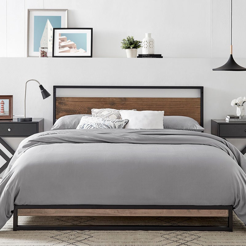 Dukeliving Boston Industrial Metal And, Wood Platform Bed Frame With Headboard King