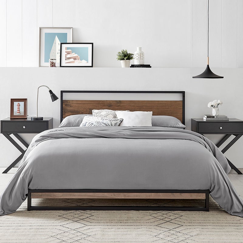 Dukeliving Boston Industrial Metal And, Grey Wood Queen Size Bed Frame