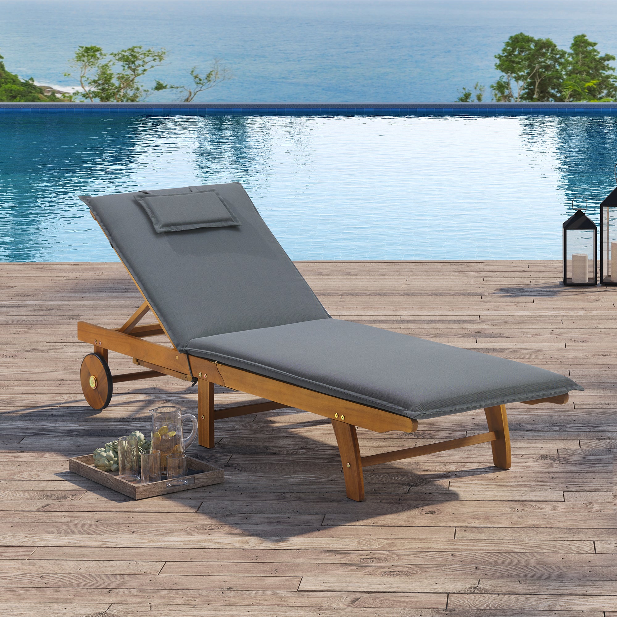 DukeLiving Cape Byron Wheeled Outdoor Hardwood Sun Lounger with Cushion & Tray (Charcoal)