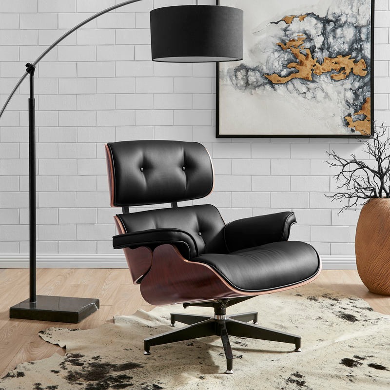 DukeLiving Eames Replica Premium Leather Lounge Chair & Ottoman (Black