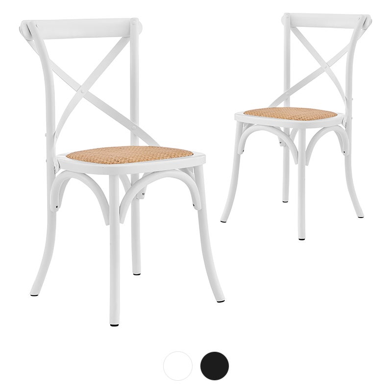 DukeLiving Provincial Cross Back Beech & Rattan Dining Chairs Set of 2 (White, Black)