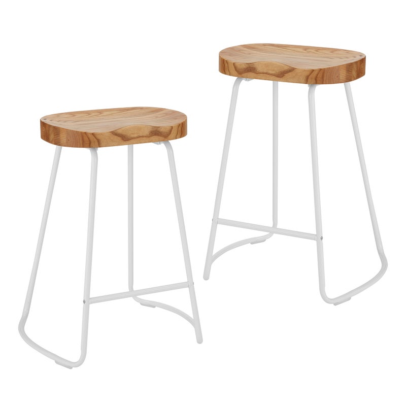 Elm Wood Tractor Barstools, White And Natural Wood Bar Stools