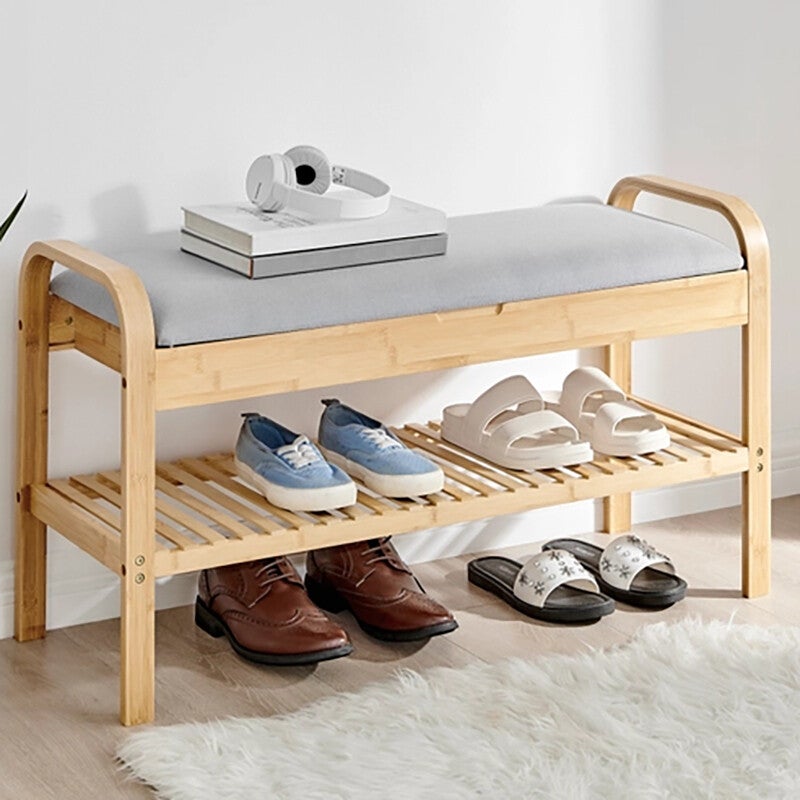 2-Tier Wood Rattan Shoe Storage Bench, Entryway Flip Top Shoe Cabinet with  Padded Seat and Shelf, Shoe Oiganizer Shelf