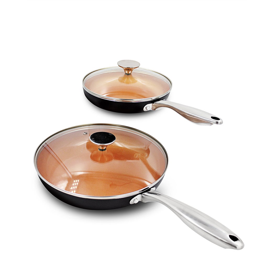 20/26CM Non Stick Frypan Copper Coated Fry Pan Set W/Lid Induction Cookware Set