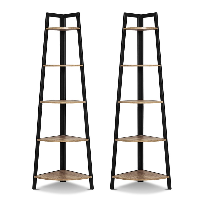 Buy 2pc 5 Tier Corner Ladder Shelf Display Rack Oak Metal Frame