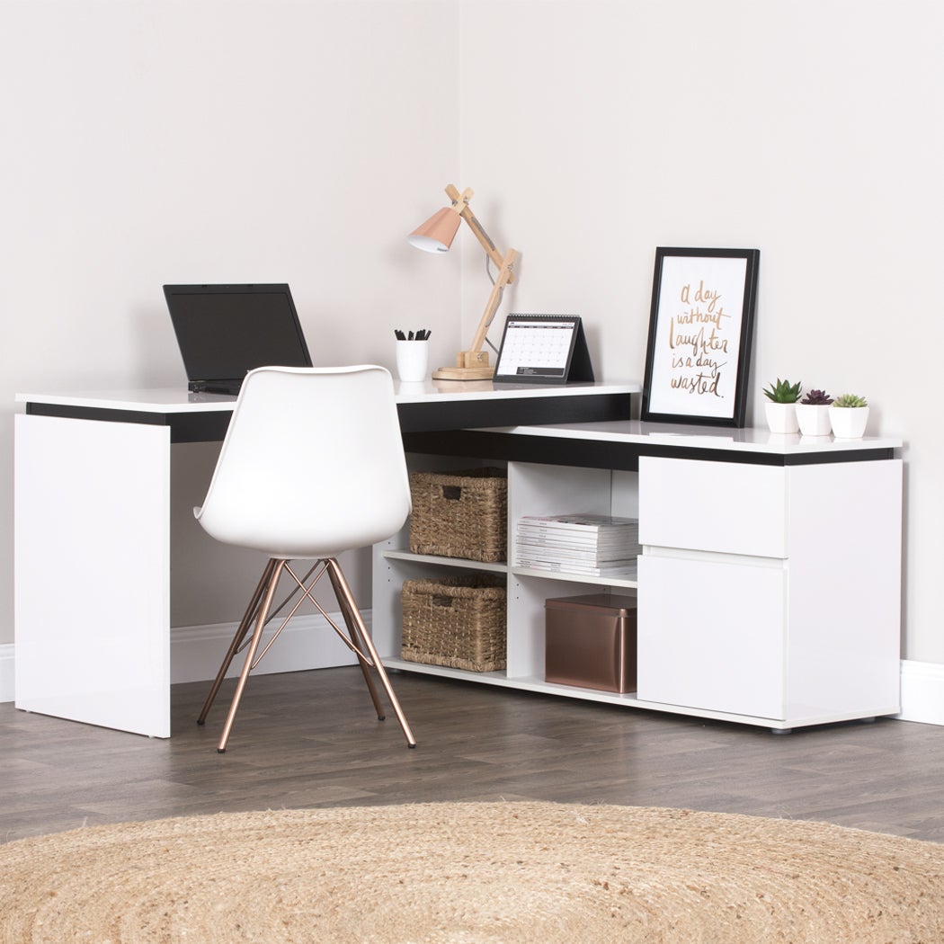 High Gloss Storage corner Desk Home Office Computer Table Cabinet Study White