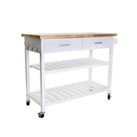 Kitchen Trolley 2 Drawers & Shelves Solid Wood Top Swivel Wheels White 3 Hooks