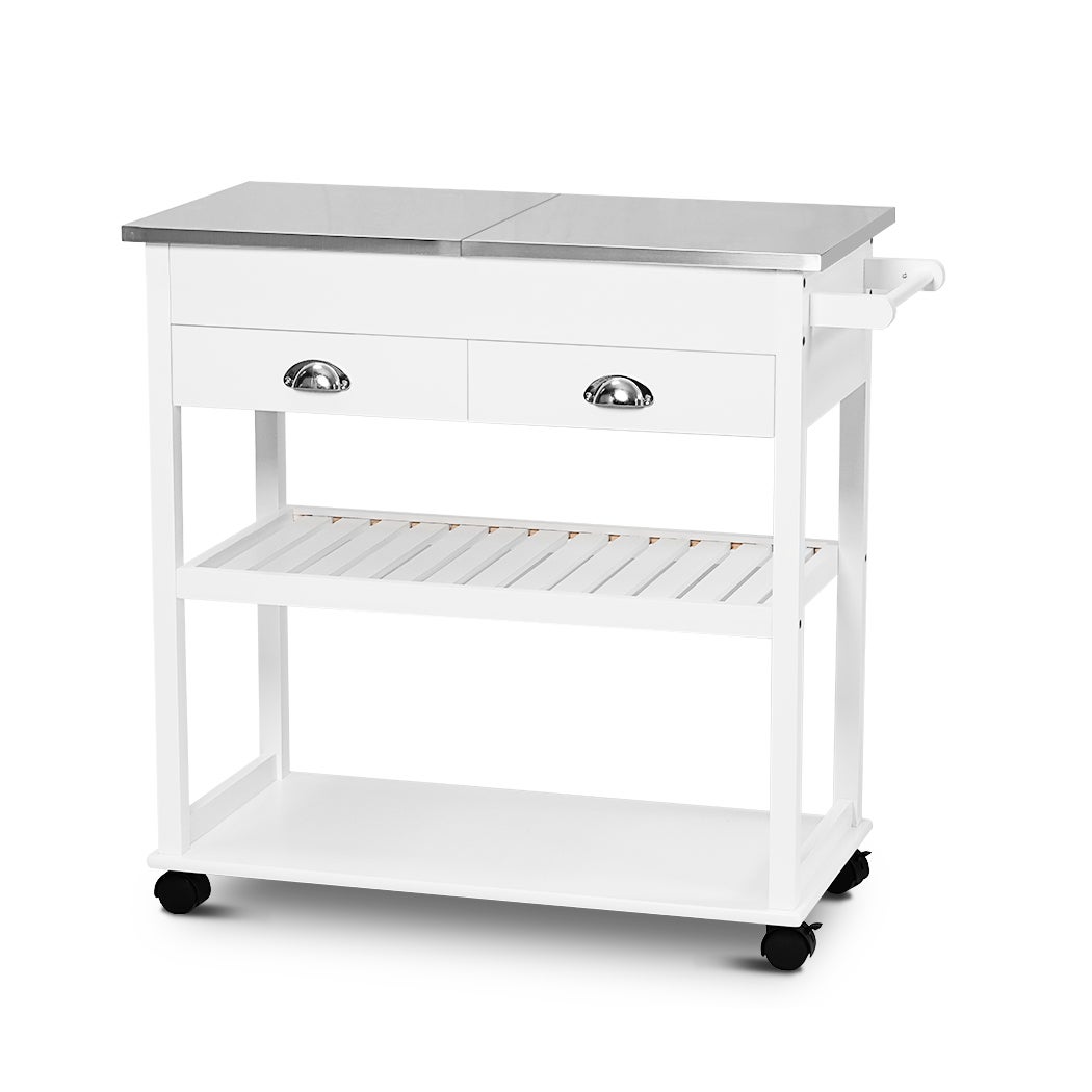 Kitchen Trolley Cart Cooking Workbench Island Stainless Steel Top 2 Drawer White