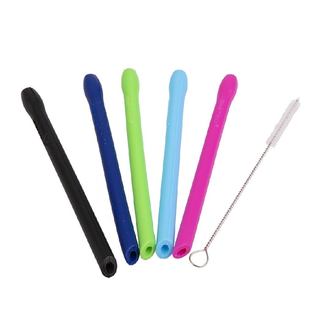 Set of 5 Silicone Beverage Cocktail Straws w/ Brush Asst. Colours Reusable 