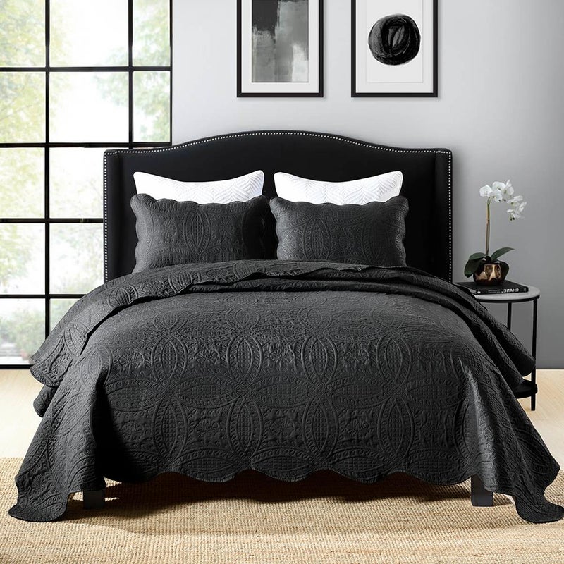 Buy 3 Piece Chic Microfibre Coverlet Bedspread Comforter Set King / Super  King Black 250x270cm - MyDeal