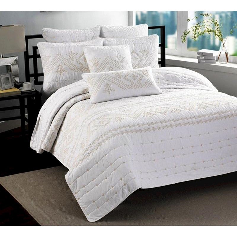 Luxury 100% Cotton Coverlet / Bedspread Set Embroidery Quilt King Size Bed 240x260cm White & Gold