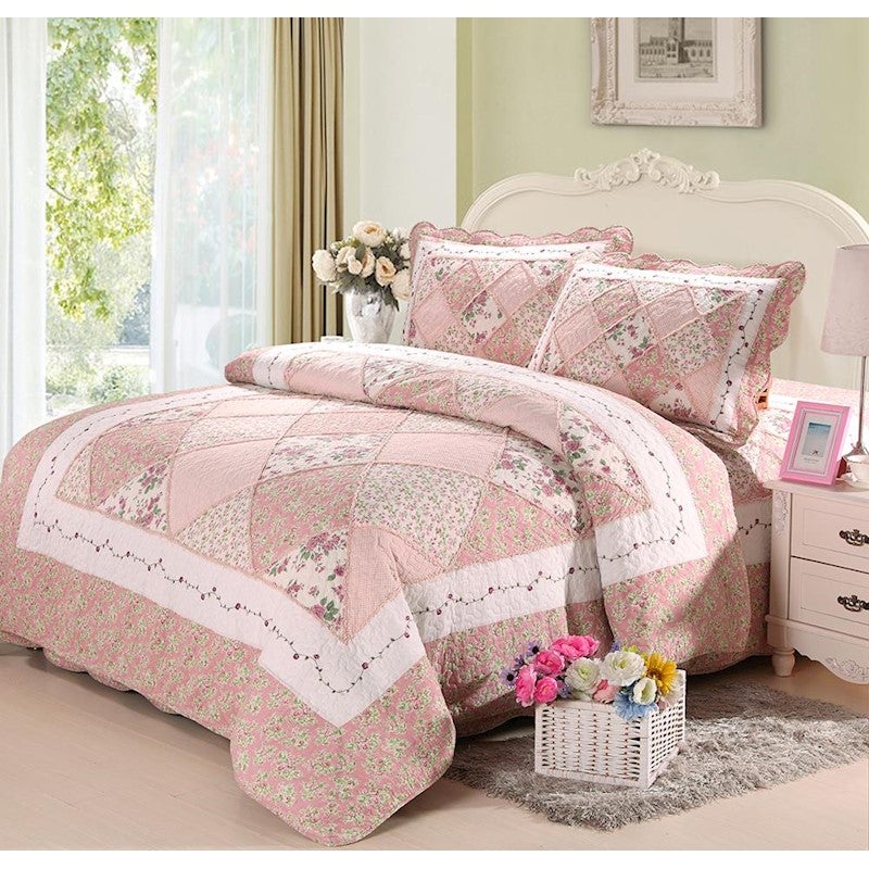 Luxury 100% Cotton Coverlet / Bedspread Set Embroidery Quilt Queen King Size Bed 230x250cm Pink