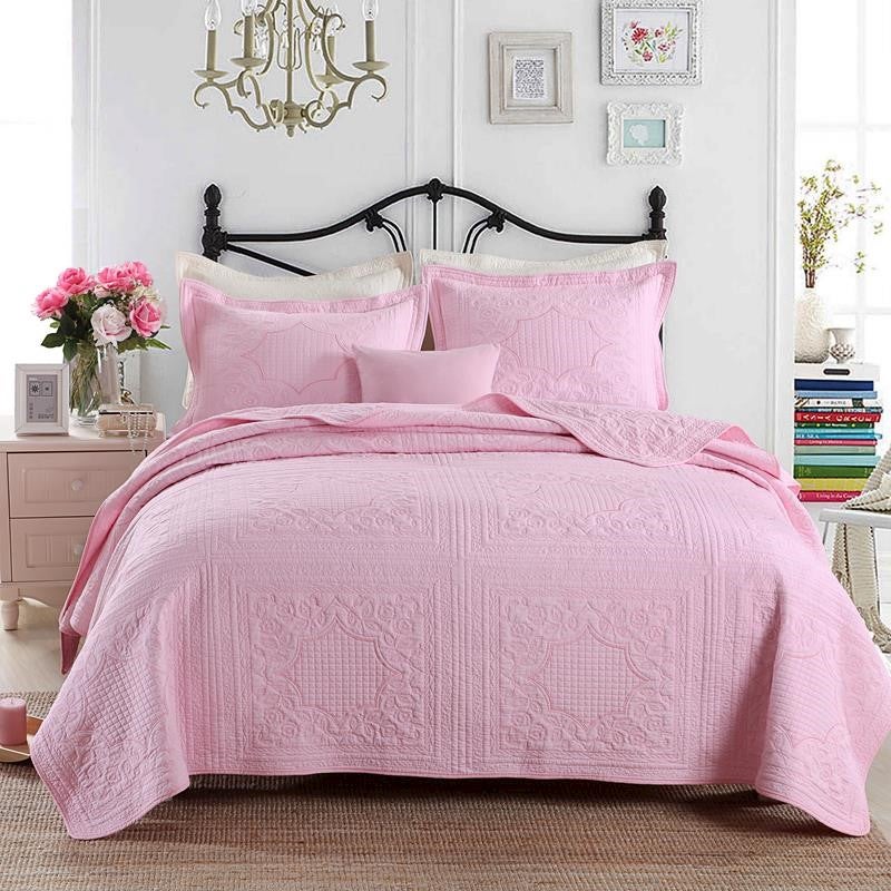 Luxury 100% Cotton Coverlet / Bedspread Set Quilt King / Super King Bed 240x270cm Square Pink