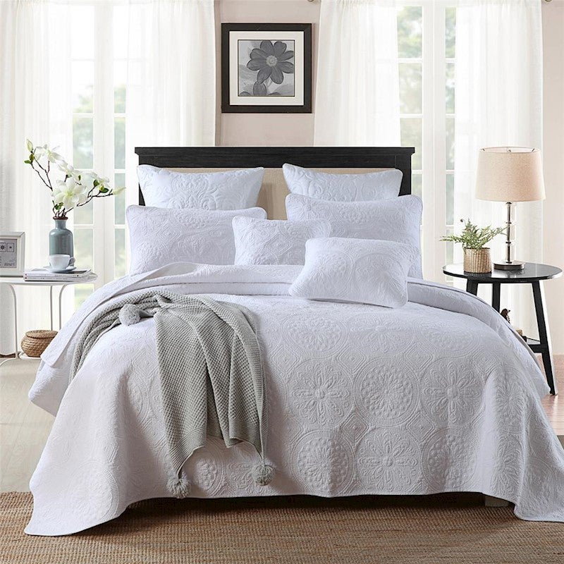 Luxury 100% Cotton Coverlet / Bedspread Set Quilt King / Super King Bed 250x270cm Circle white