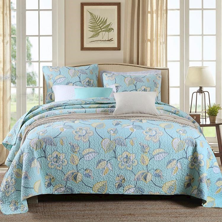 Luxury 100% Cotton Coverlet / Bedspread Set Quilt Queen King Size Bed 230x250cm Blue Flower