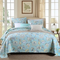 Luxury 100% Cotton Coverlet / Bedspread Set Quilt Queen King Size Bed 230x250cm Blue Flower