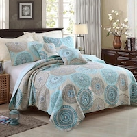 Luxury 100% Cotton Coverlet / Bedspread Set Quilt Queen King Size Bed 230x250cm Circle Blue