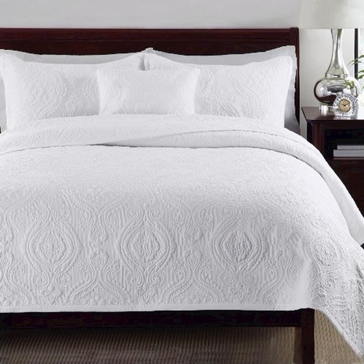 Luxury Quilted 100% Cotton Coverlet / Bedspread Set King / Super King Size Bed 250x270cm Damask White