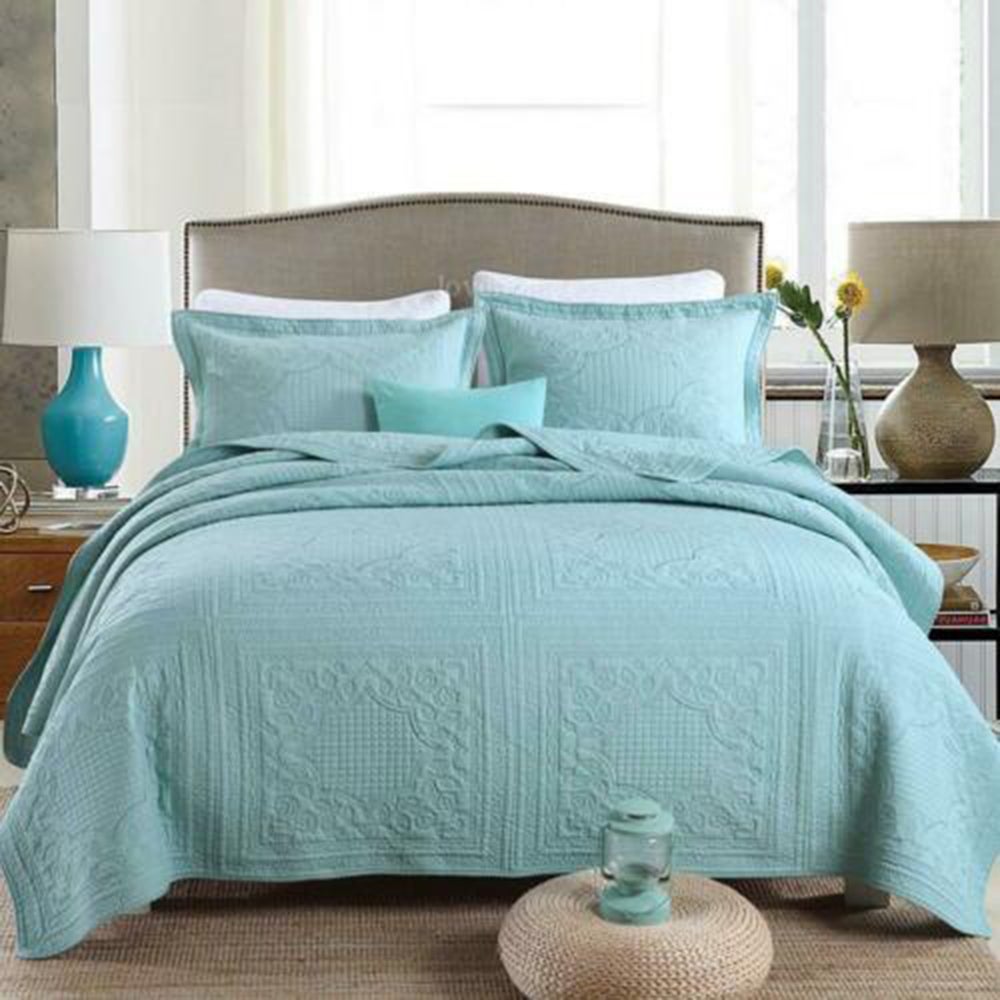 Luxury Quilted 100% Cotton Coverlet / Bedspread Set King / Super King Size Bed 270x250cm Square Blue