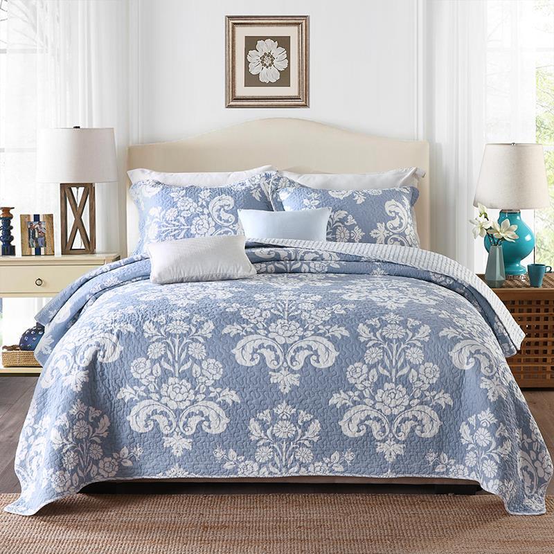 Luxury Quilted 100% Cotton Coverlet / Bedspread Set Queen / King 230x250cm Damask Blue Flower