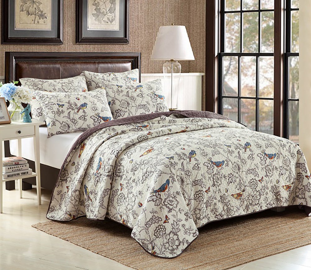 Luxury Quilted 100% Cotton Coverlet / Bedspread Set Queen / King Size Bed 230x250cm Bird Flower