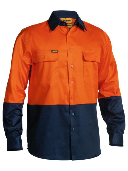 Bisley 2 Tone Hi Vis Drill Shirt - Long Sleeve - Orange/Navy (BS6267)