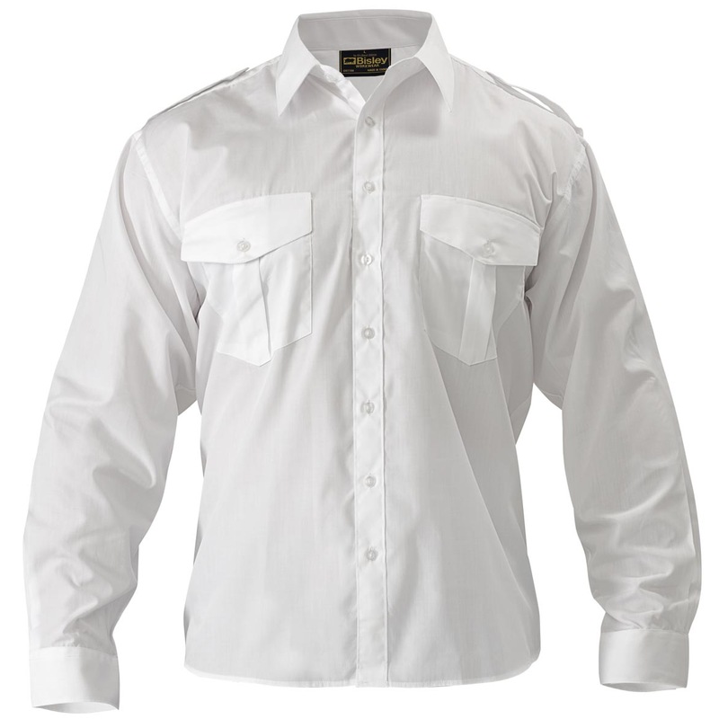 Bisley Epaulette Shirt - Long Sleeve - White (B76526) | Buy Uniform ...