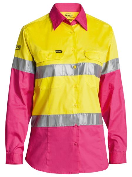 Bisley Women's 3M Taped Hi Vis Cool Lightweight Shirt - Yellow/Pink (BL6696T)