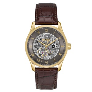 Hugo Boss Brown Calfskin Leather Dark Grey Dial Mechanical-Automatic Men's Watch - 1514235