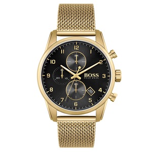 Hugo Boss Gold Steel Mesh Black Dial Chronograph Men's Watch - 1513838