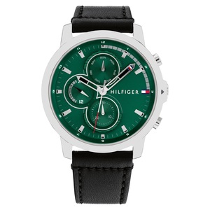 Tommy Hilfiger Black Leather Green Dial Multi-function Men's Watch - 1792151
