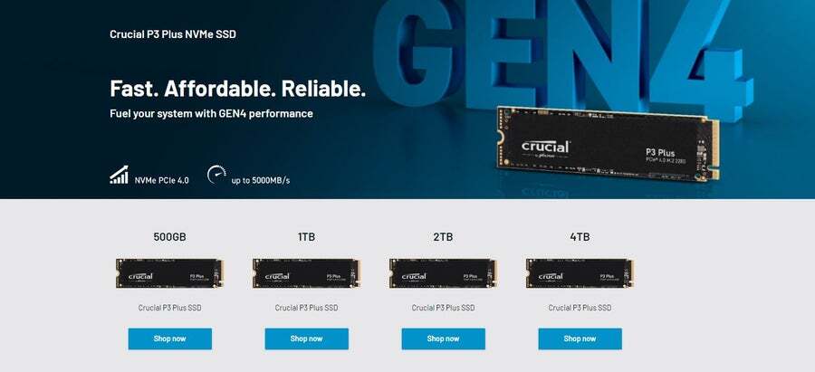 Buy Crucial P3 Plus 500GB Gen4 NVMe SSD 4700/1900 MB/s R/W 110TBW 350K ...