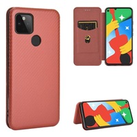 For Google Pixel 4A 5G Case Carbon Fiber Texture Magnetic Folio PU Leather Cover, Card Slot, Brown
